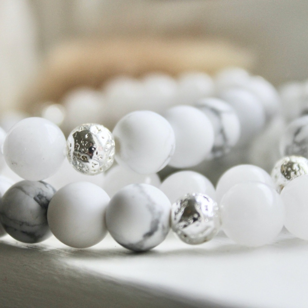White Jade White Howlite Silver Lava Bead Gemstone Chakra Balancing Energy Brace